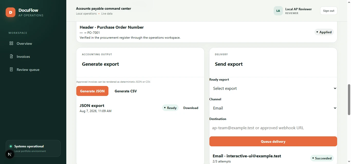 DocuFlow AP accounting export area showing JSON and CSV generation, ready export status, download action, and email delivery form.