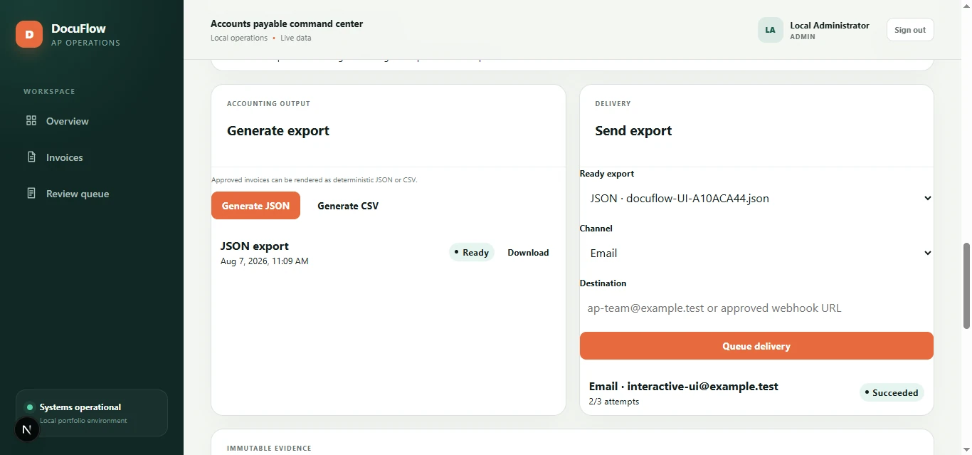 DocuFlow AP delivery area showing a ready JSON export and an email delivery that succeeded after multiple attempts.