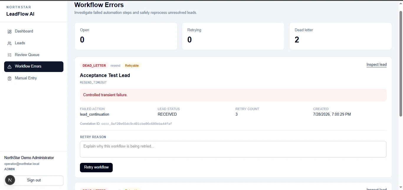 LeadFlow AI workflow errors page showing a dead-letter failure and retry workflow controls.