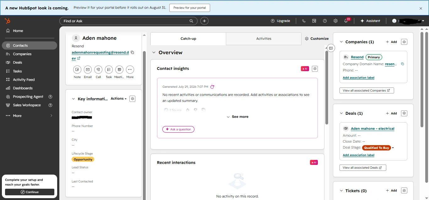 HubSpot contact record showing a synthetic LeadFlow AI contact associated with a deal.