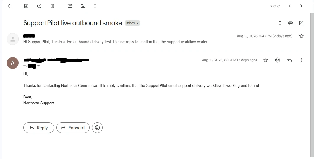 Redacted Gmail thread showing a synthetic SupportPilot AI outbound delivery test and reply.