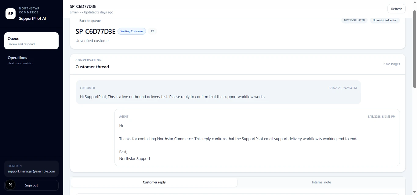SupportPilot AI ticket workspace showing a synthetic customer conversation and agent response controls.