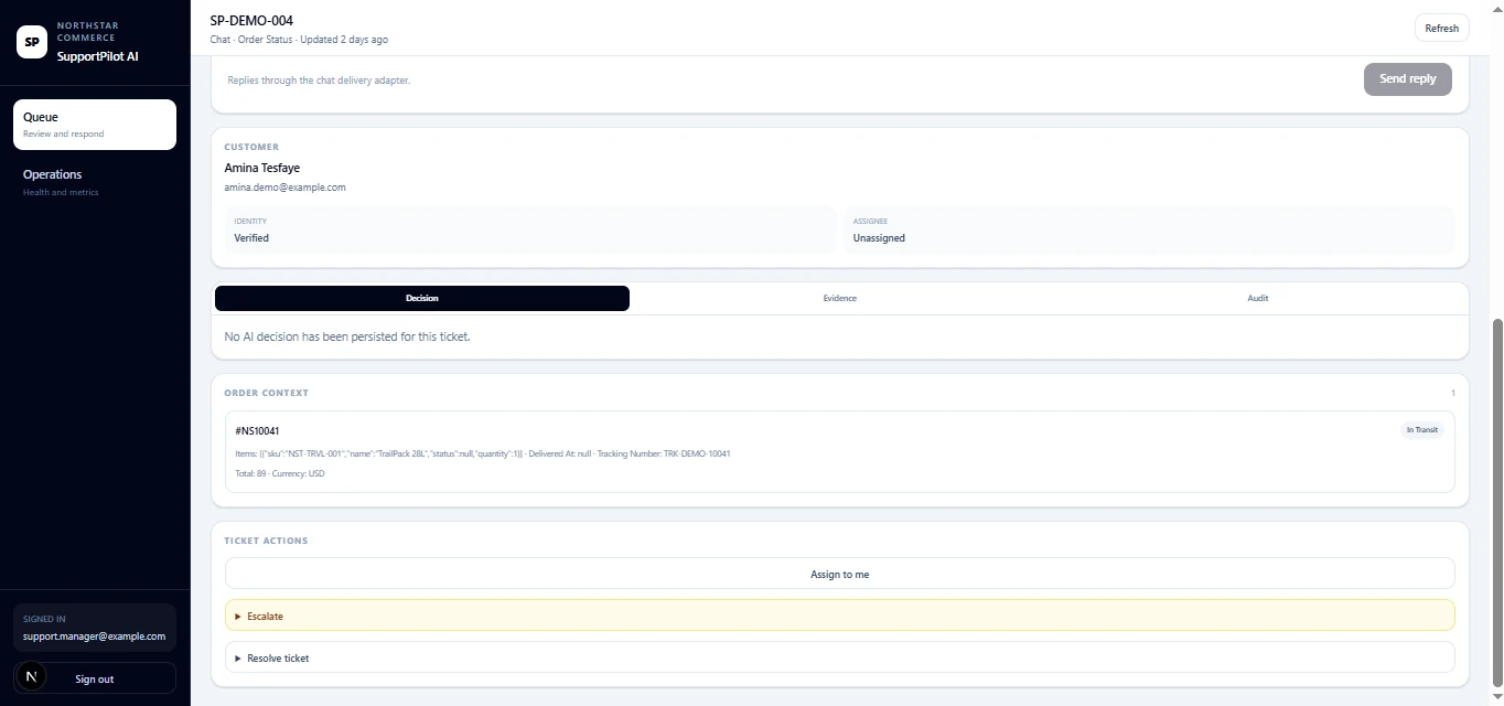 SupportPilot AI ticket showing verified customer identity and read-only order context for a synthetic order.